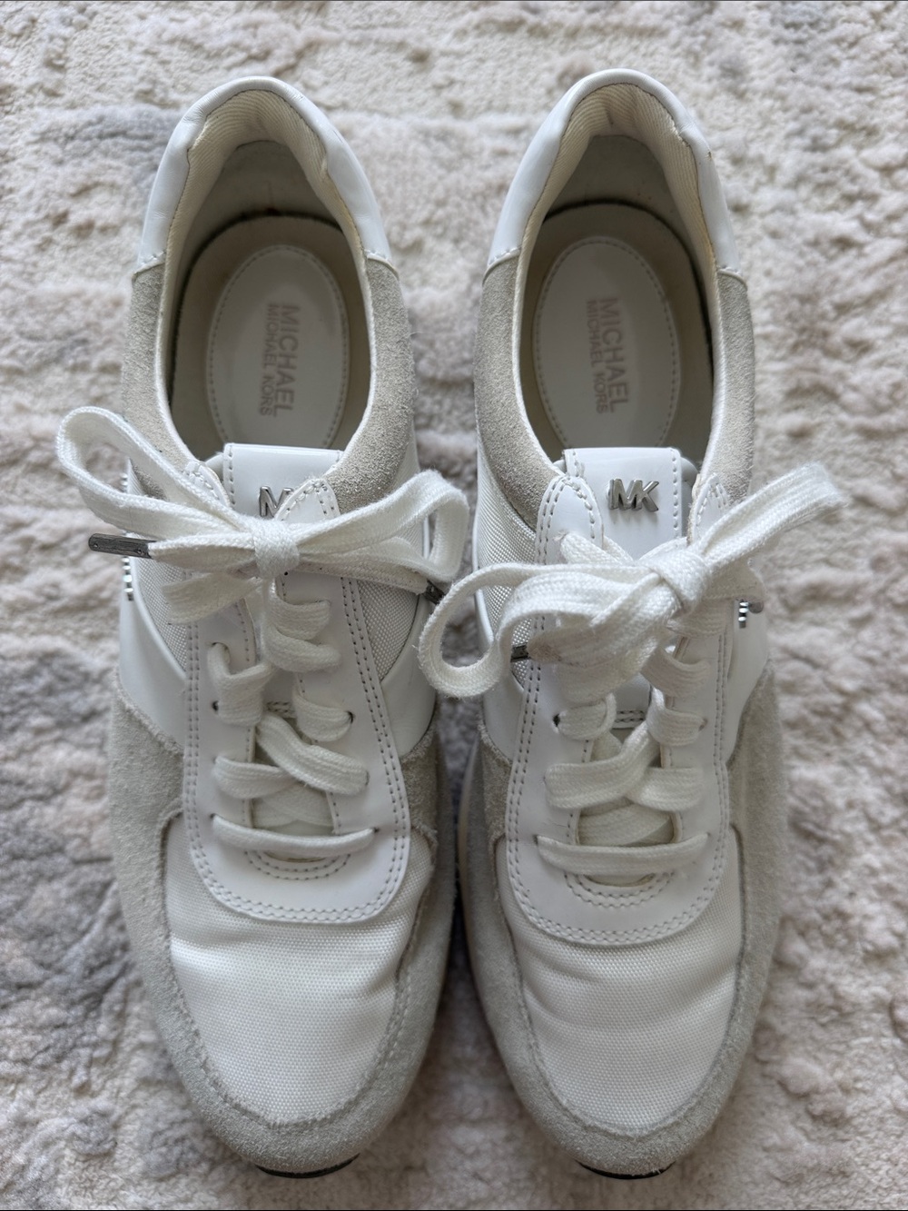 Michael Kors White and Light Gray Lace-Up Suede & Leather Sneakers